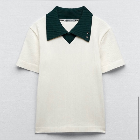 Zara RETRO SEAMLESS TOP Green Collared Stretchy Shirt- X/S- NWOT - Picture 4 of 12